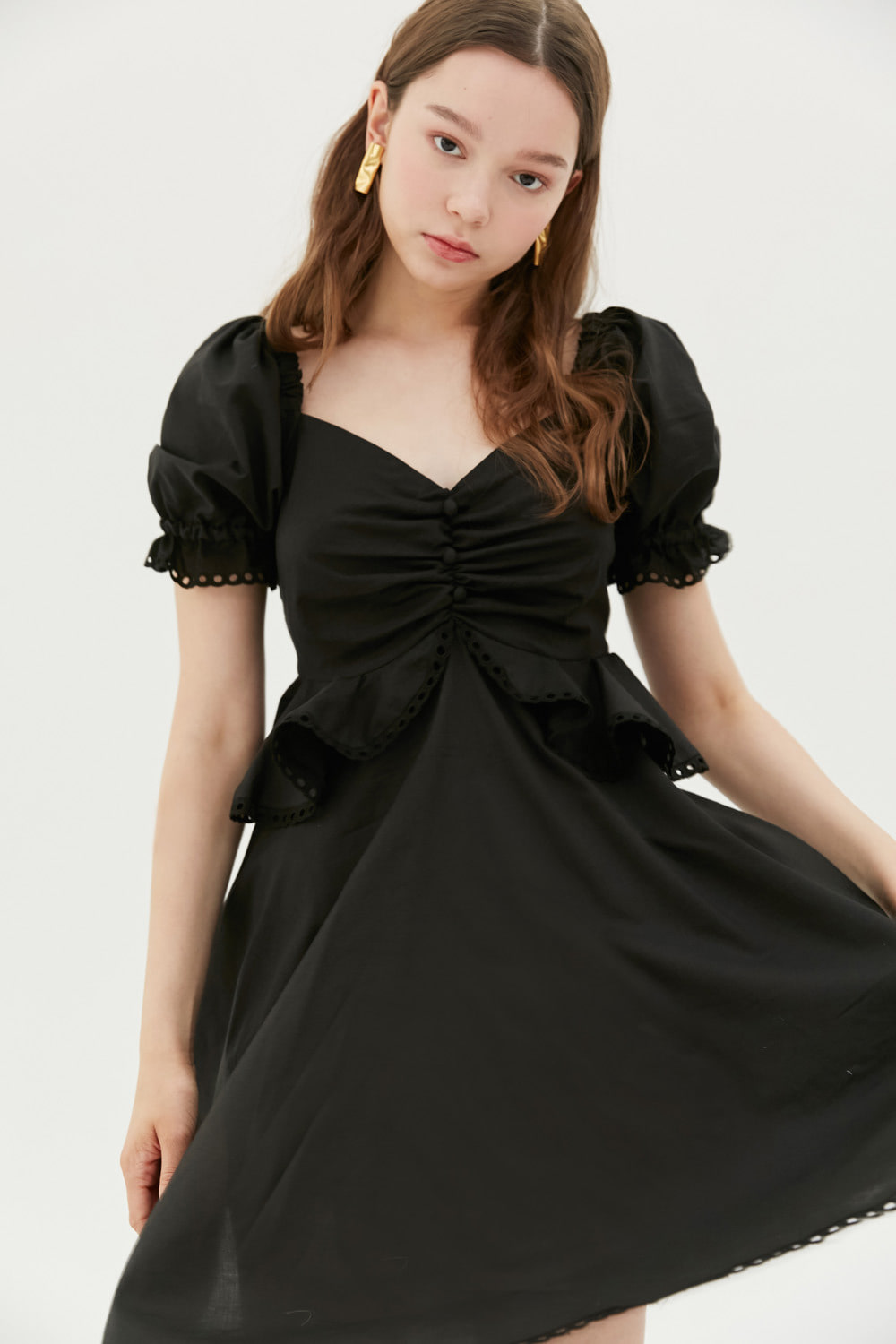 Ruffled cotton mini dress (Black)