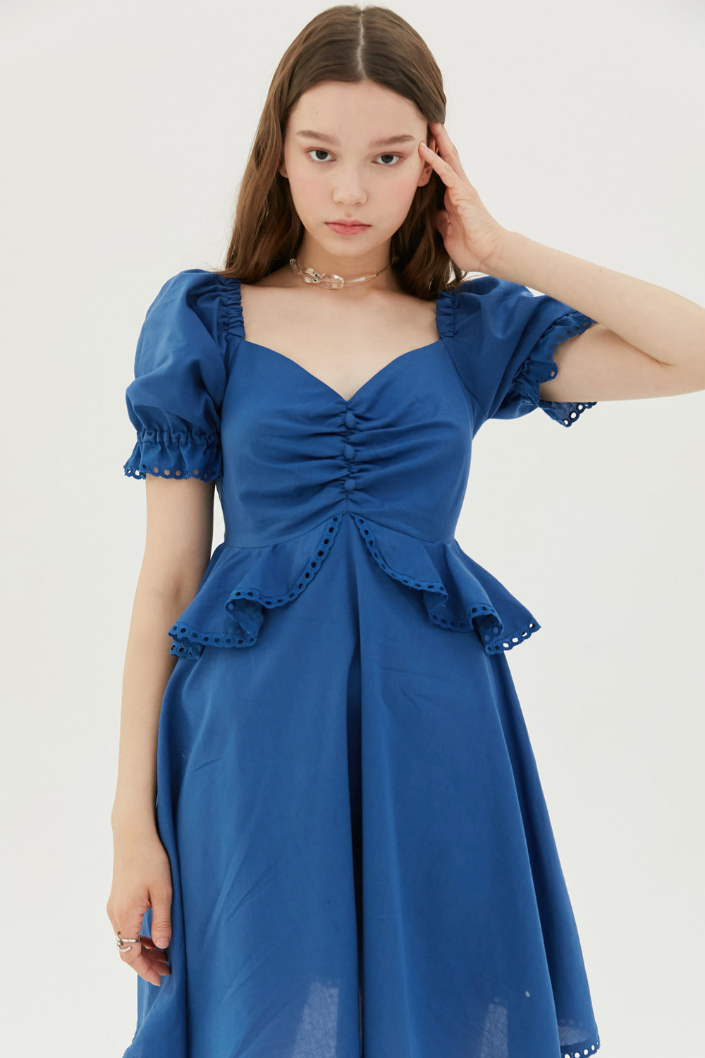Ruffled cotton mini dress (Blue)
